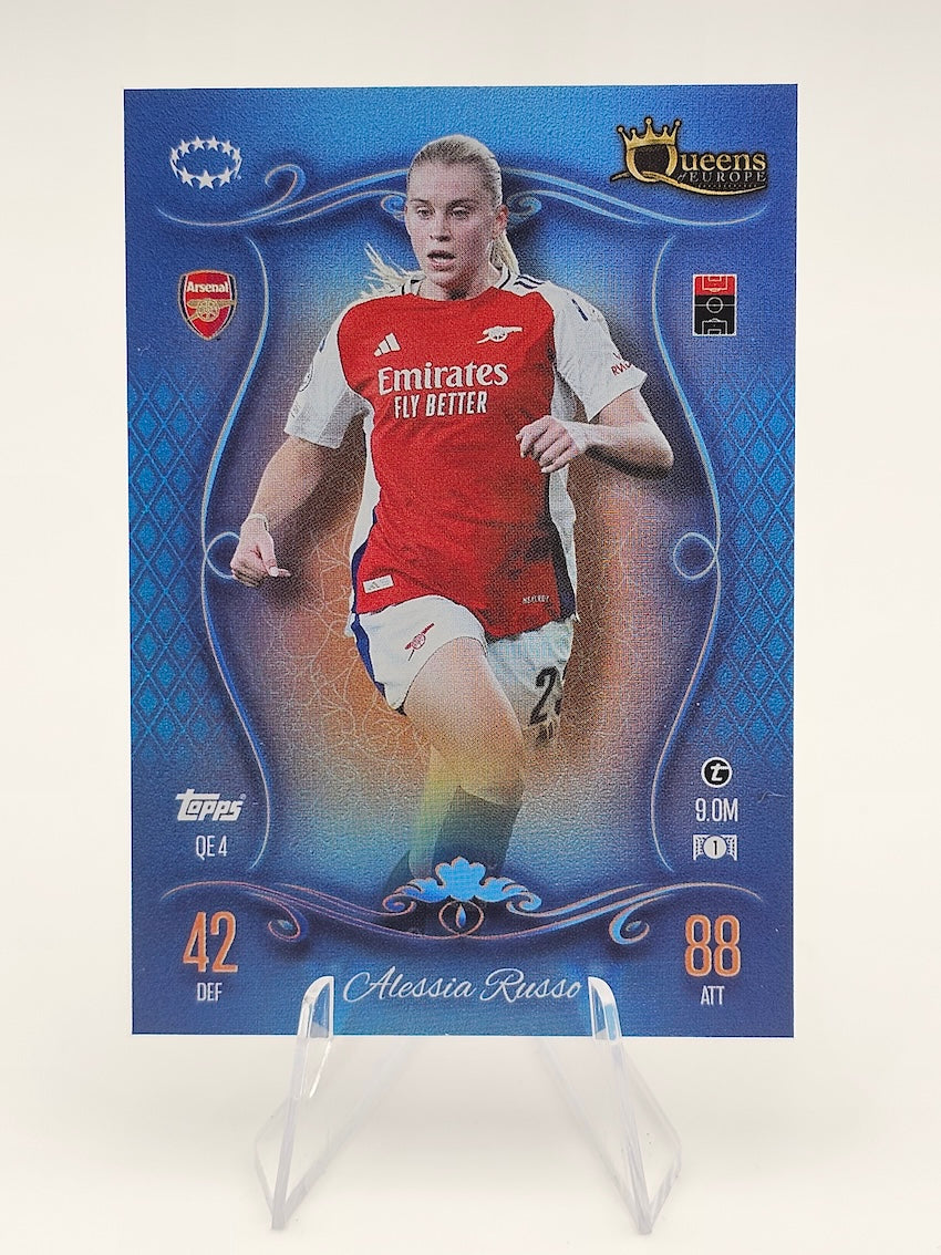 Sports trading card of a soccer player in a red and white jersey with visible branding on a blue background.