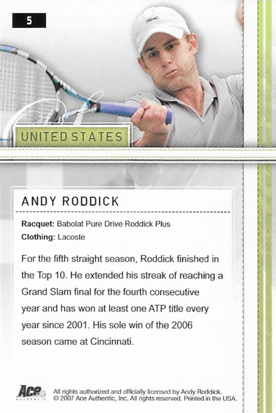 Andy Roddick 2007 Ace Authentic Straight Sets Tennis Trading Card Number 5