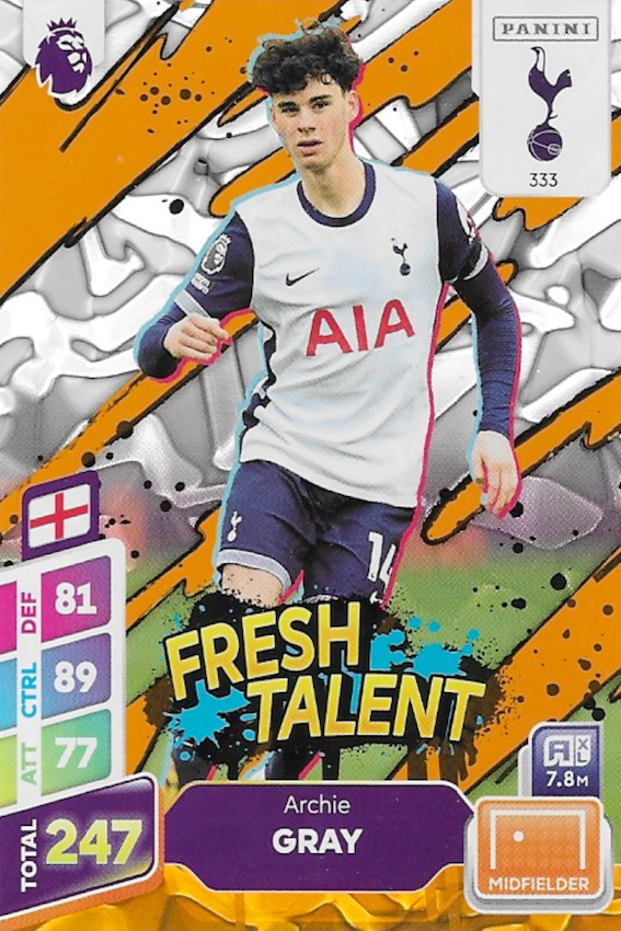 Archie Gray Fresh Talent Orange Parallel Card #333 - Panini Adrenalyn XL 2025 PLUS Premier League (Tottenham Hotspur/Spurs)