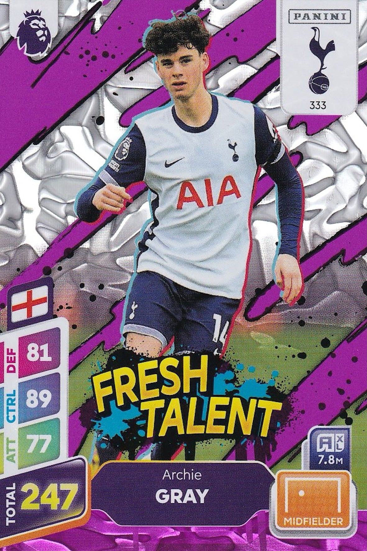 Archie Gray Fresh Talent Purple Parallel Card #333 - Panini Adrenalyn XL 2025 PLUS Premier League (Tottenham Hotspur/Spurs)