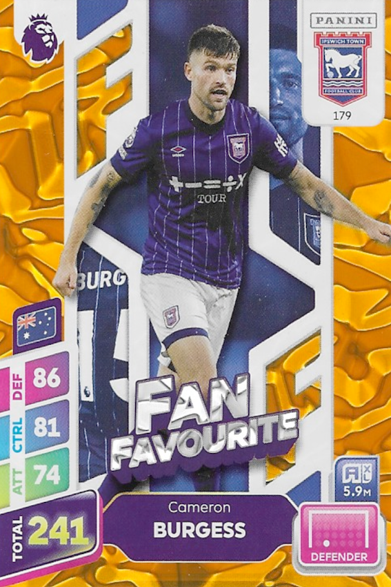 Cameron Burgess Fan Favourite Orange Parallel Card #179 - Panini Adrenalyn XL 2025 PLUS Premier League (Ipswich Town)