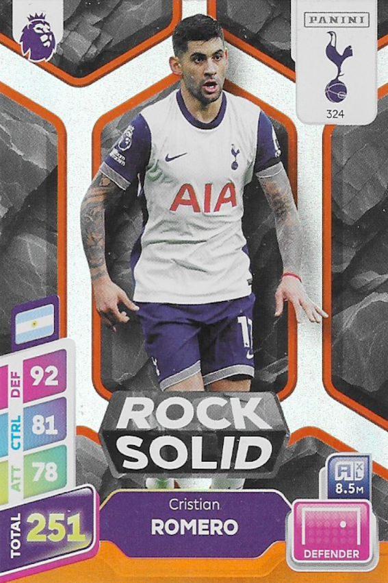 Cristian Romero Orange Parallel Rock Solid Card #324 - Panini Adrenalyn XL PLUS 2025 Premier League (Tottenham Hotspur / Spurs)