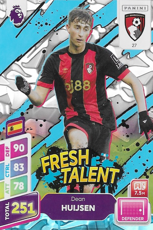Dean Huijsen Fresh Talent Blue Parallel Card #27 - Panini Adrenalyn XL PLUS 2025 Premier League (Bournemouth)