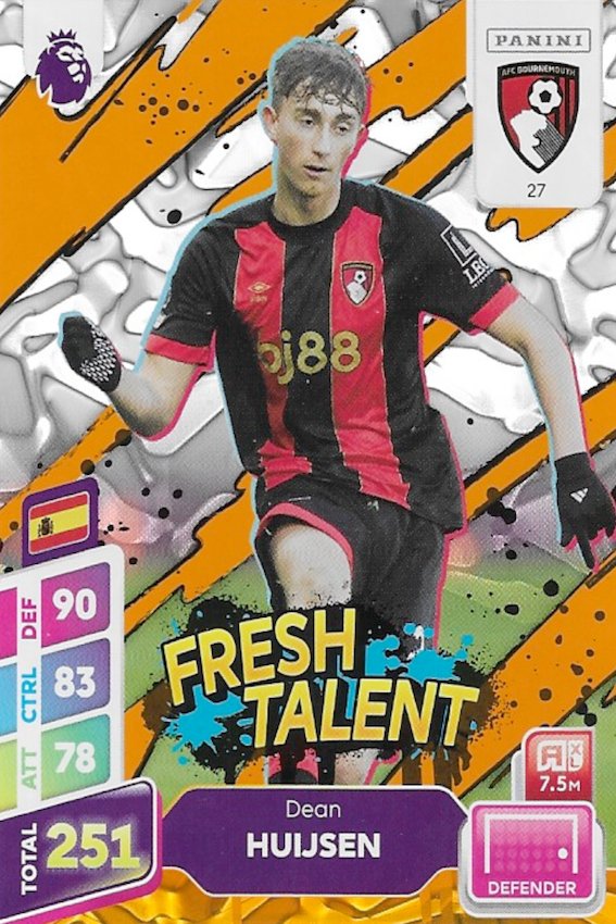 Dean Huijsen Fresh Talent Orange Parallel Card #27 - Panini Adrenalyn XL PLUS 2025 Premier League (Bournemouth)