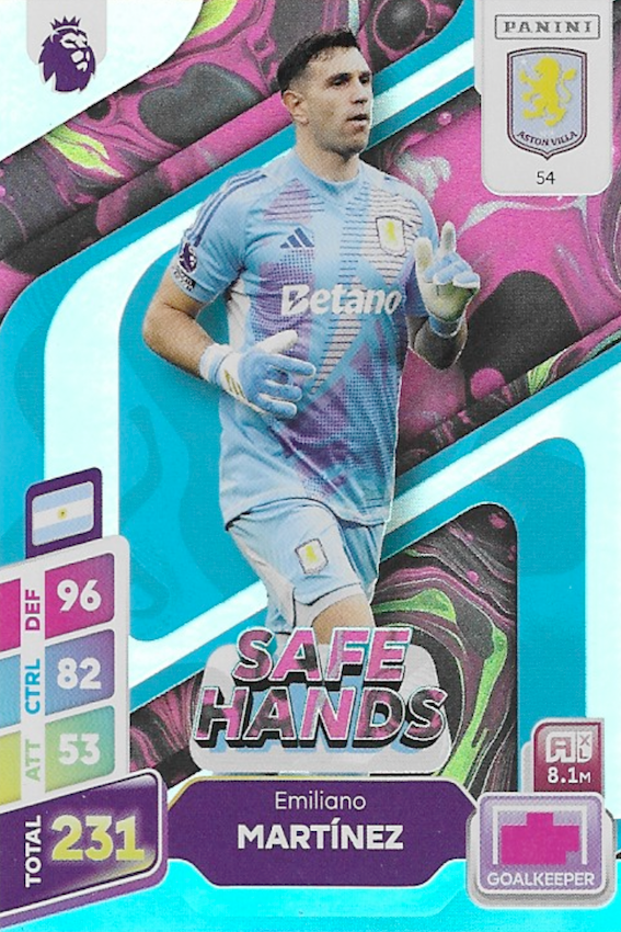 Emiliano Martínez Safe Hands Blue Parallel Card #54 - Panini Adrenalyn XL PLUS 2025 Premier League (Aston Villa)