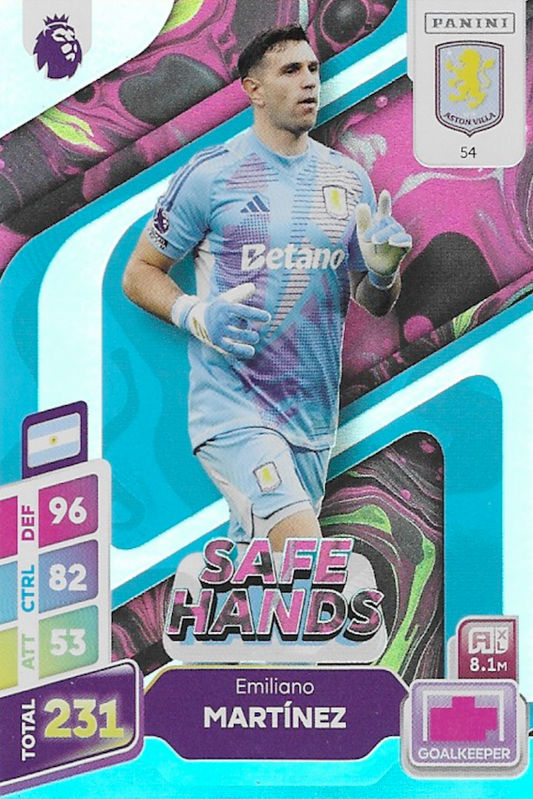 Emiliano Martínez Safe Hands Blue Parallel Card #54 - Panini Adrenalyn XL PLUS 2025 Premier League (Aston Villa)