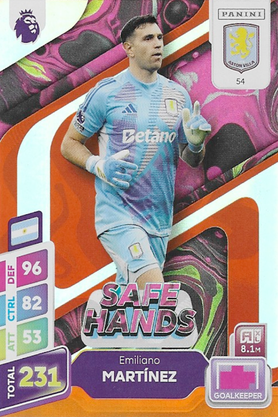Emiliano Martínez Safe Hands Orange Parallel Card #54 - Panini Adrenalyn XL PLUS 2025 Premier League (Aston Villa)