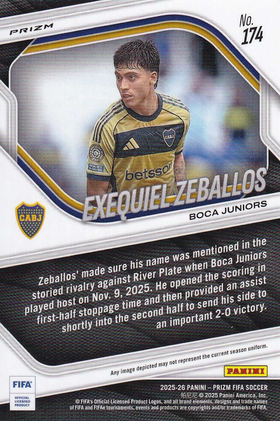 Exequiel Zeballos Rookie Card, No 174 - Panini Prizm 2025-26 (Back of card)