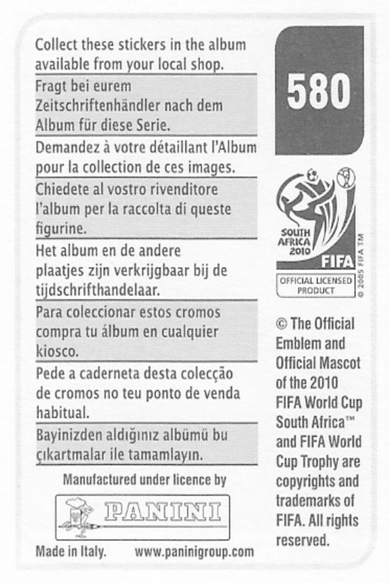 Fernando Torres Panini Sticker Number 580 - South Africa 2010 World Cup (Spain) - back