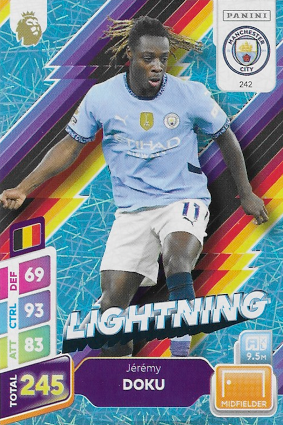 Jeremy Doku Blue Parallel Lightning Card #242 - Panini Adrenalyn XL PLUS 2025 Premier League (Man City)