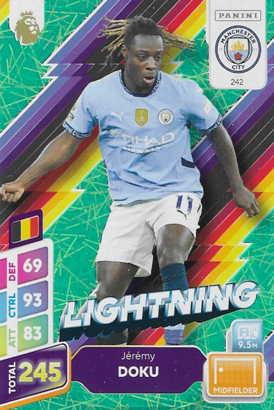 Jeremy Doku Green Parallel Lightning Card #242 - Panini Adrenalyn XL PLUS 2025 Premier League (Man City)