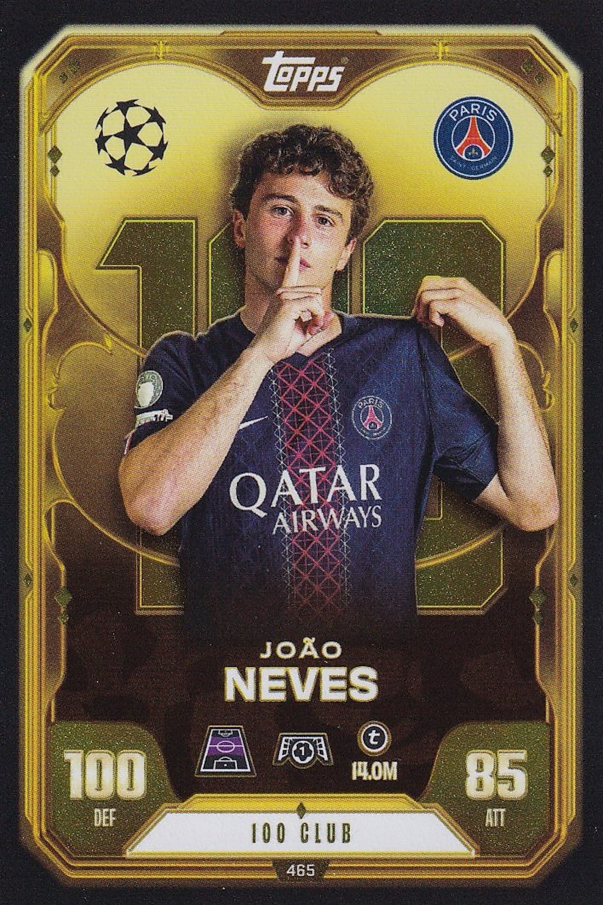 Joao Neves 100 Club Card #465 - Topps Match Attax 25/26 (PSG)