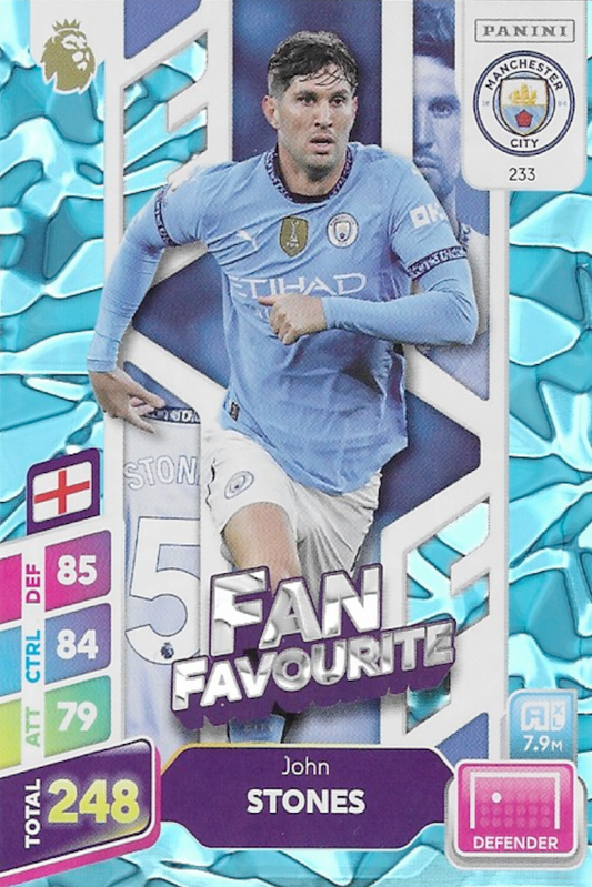 John Stones Blue Parallel Fan Favourite Card #233 - Panini Adrenalyn XL PLUS 2025 Premier League (Manchester City)