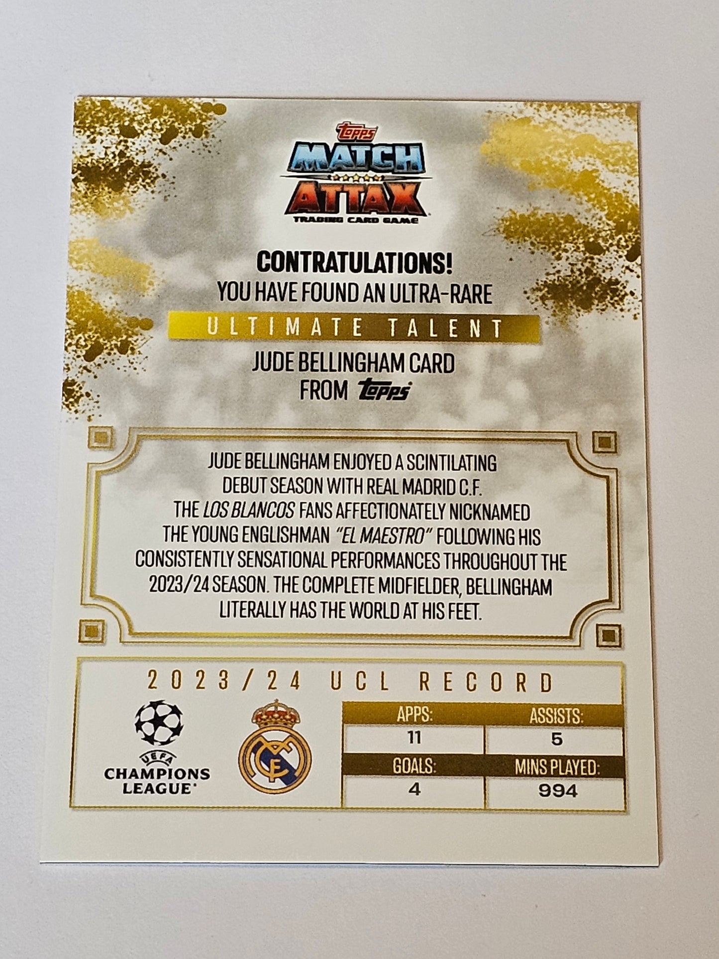 Jude Bellingham ULTIMATE TALENT MAESTRO DE MADRID #UTF-JB - Topps Match Attax 2024/2025 (Back of card)