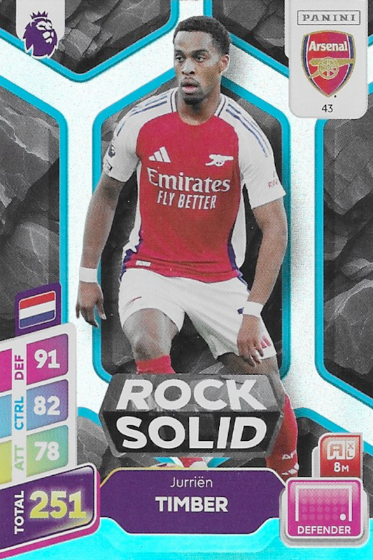 Jurrien Timber Rock Solid Blue Parallel Card #43 - Panini Adrenalyn XL PLUS 2025 Premier League (Arsenal)