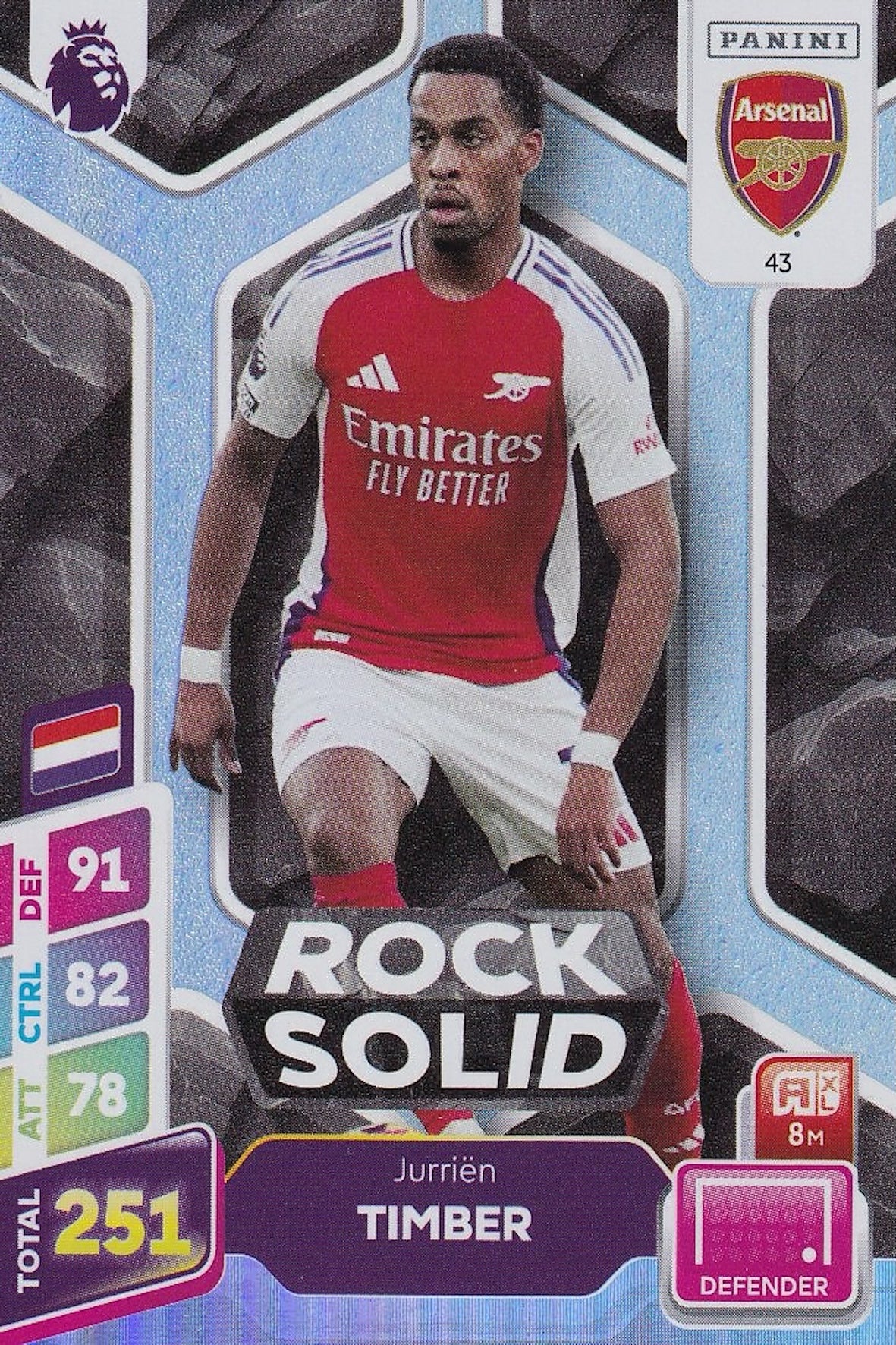 Jurrien Timber Rock Solid Card #43 - Panini Adrenalyn XL PLUS 2025 Premier League (Arsenal)