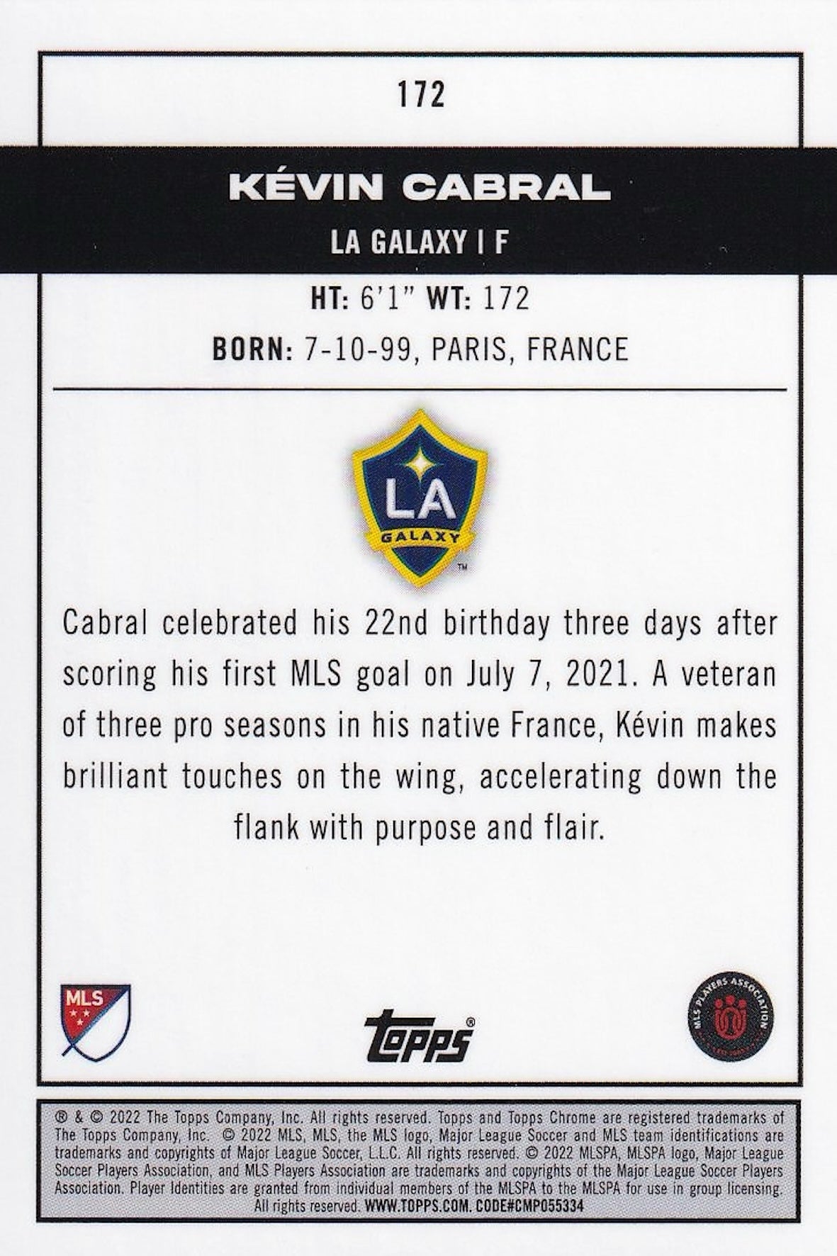Kevin Cabral #172 (RC) 2022 Topps Chrome MLS - Pitch Prodigies Refractor, back of card