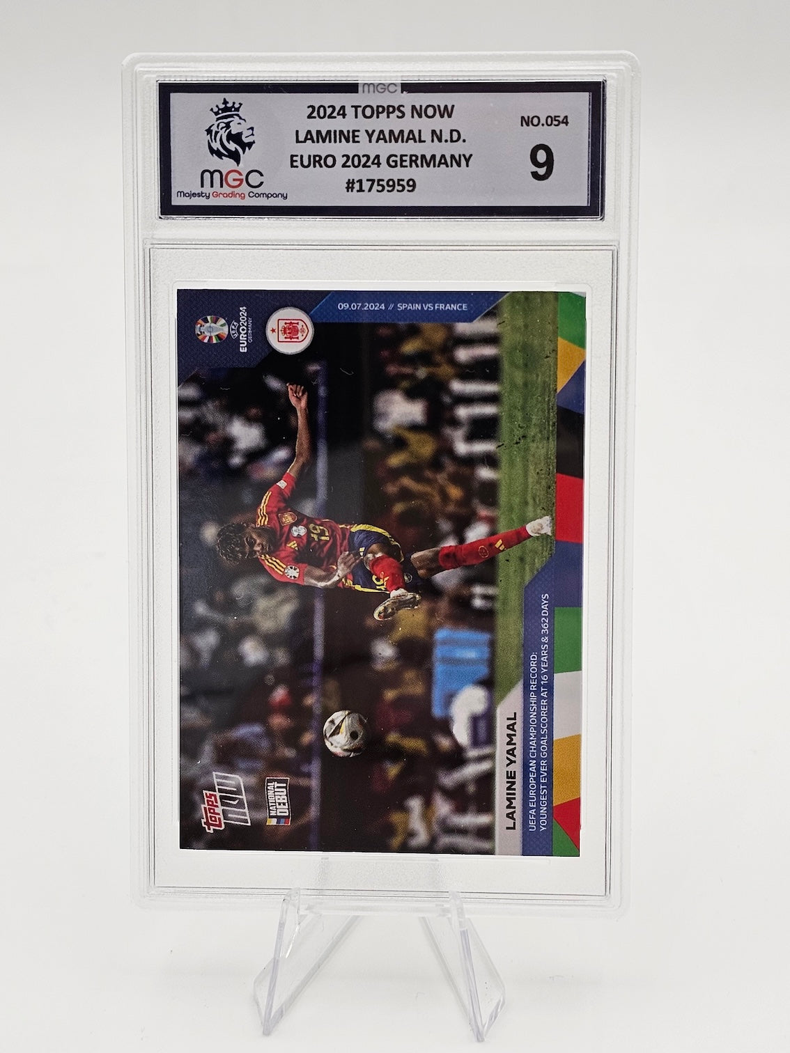 Lamine Yamal Rookie Card, 2024 Topps Now Euro 2024 Germany #54, MGC Graded 9, Mint Condition (Slabbed on stand)