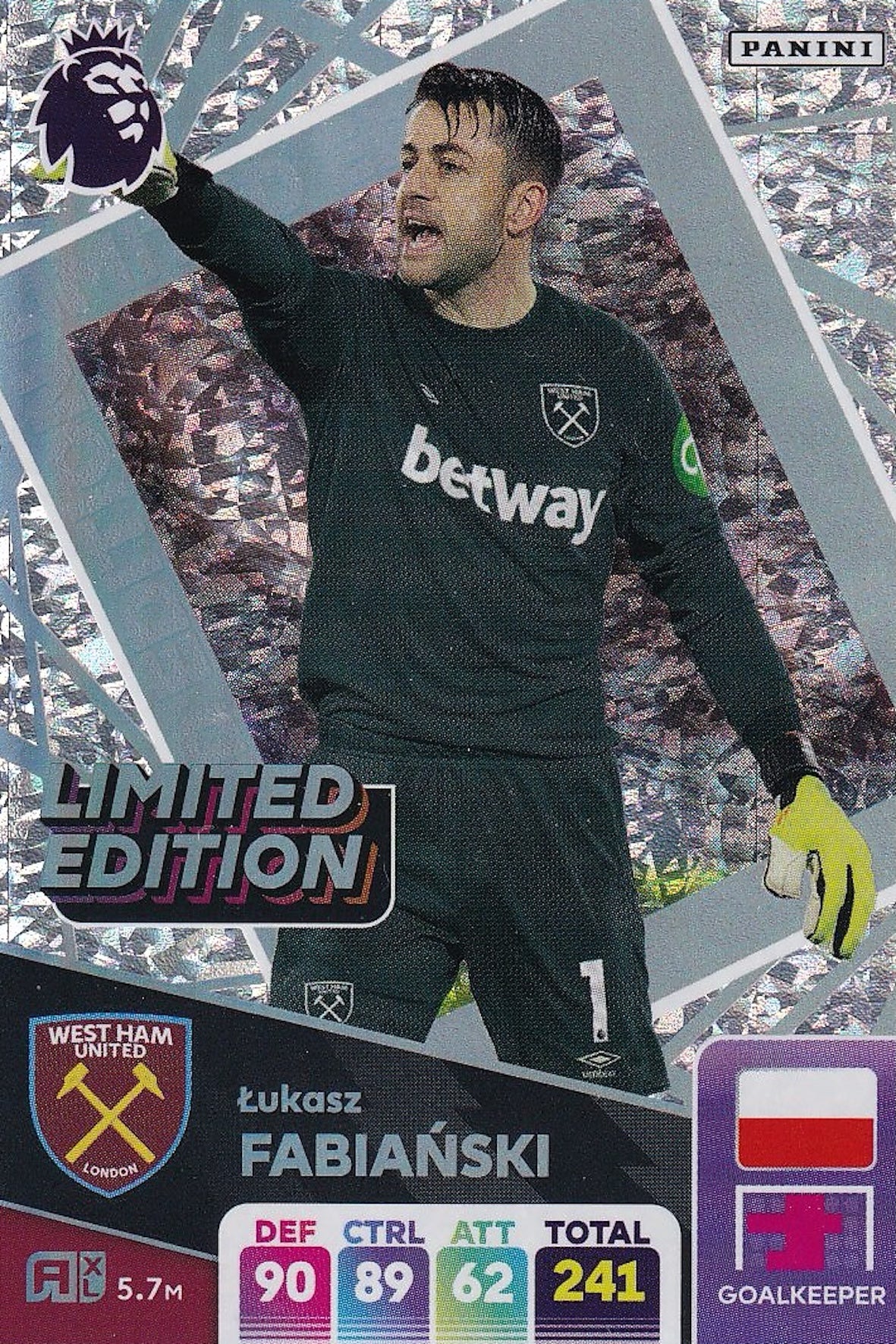 Lukasz Fabianski Limited Edition Card, Adrenalyn XL 2025, Premier League, West Ham Utd