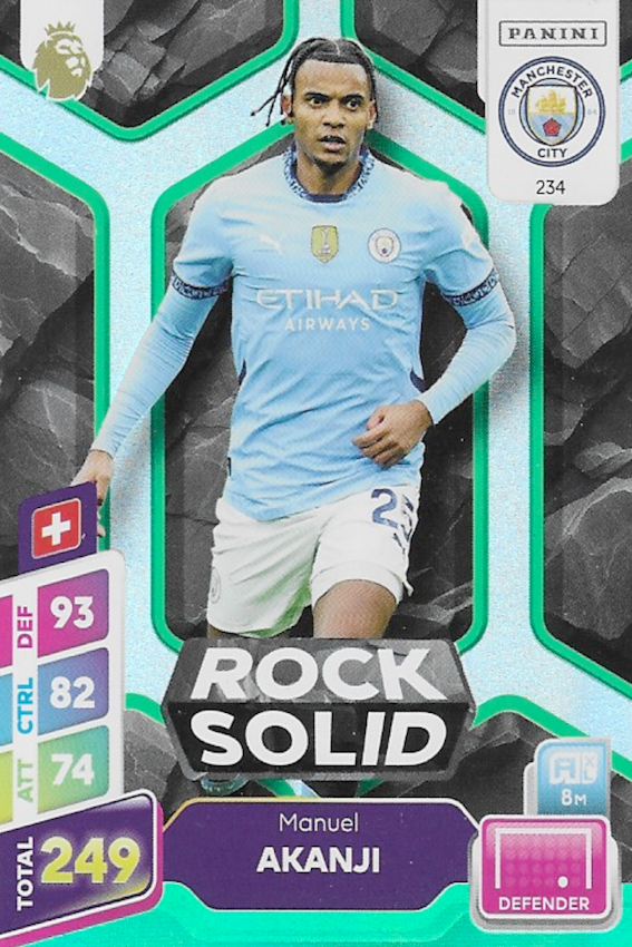 Manuel Akanji Rock Solid Green Parallel Card #234 - Panini Adrenalyn XL PLUS 2025 Premier League (Manchester City)