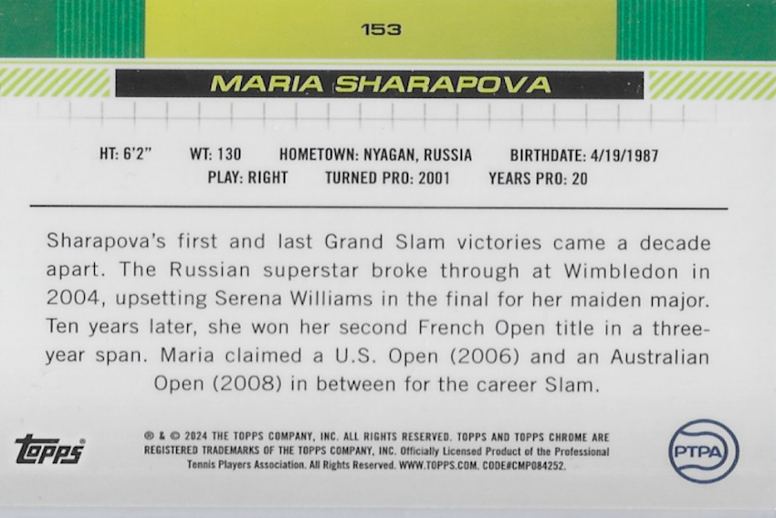 Maria Sharapova 2024 Topps Chrome Tennis Base Card #153