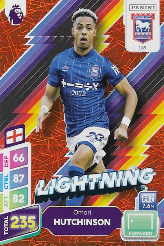 Omari Hutchinson Lightning Orange Parallel Card #189 - Panini Adrenalyn XL PLUS 2025 Premier League (Ipswich Town)
