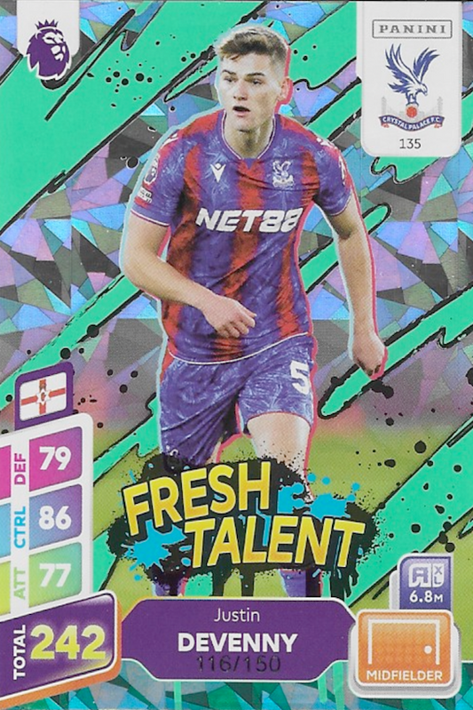 RARE Justin Devenny Green Numbered Parallel 116/150 Adrenalyn XL Plus 2025 #135 (Crystal Plalace)