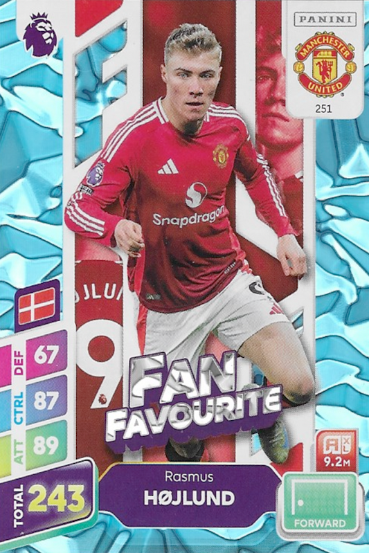 Rasmus Hojlund Fan Favourite Blue Parallel Card #251 - Panini Adrenalyn XL PLUS 2025 Premier League (Manchester United)