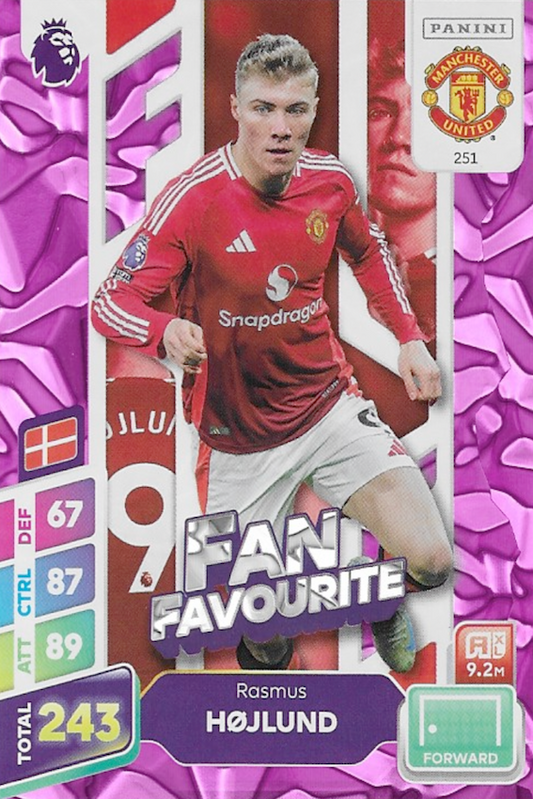 Rasmus Hojlund Fan Favourite Purple Parallel Card #251 - Panini Adrenalyn XL PLUS 2025 (Manchester United)