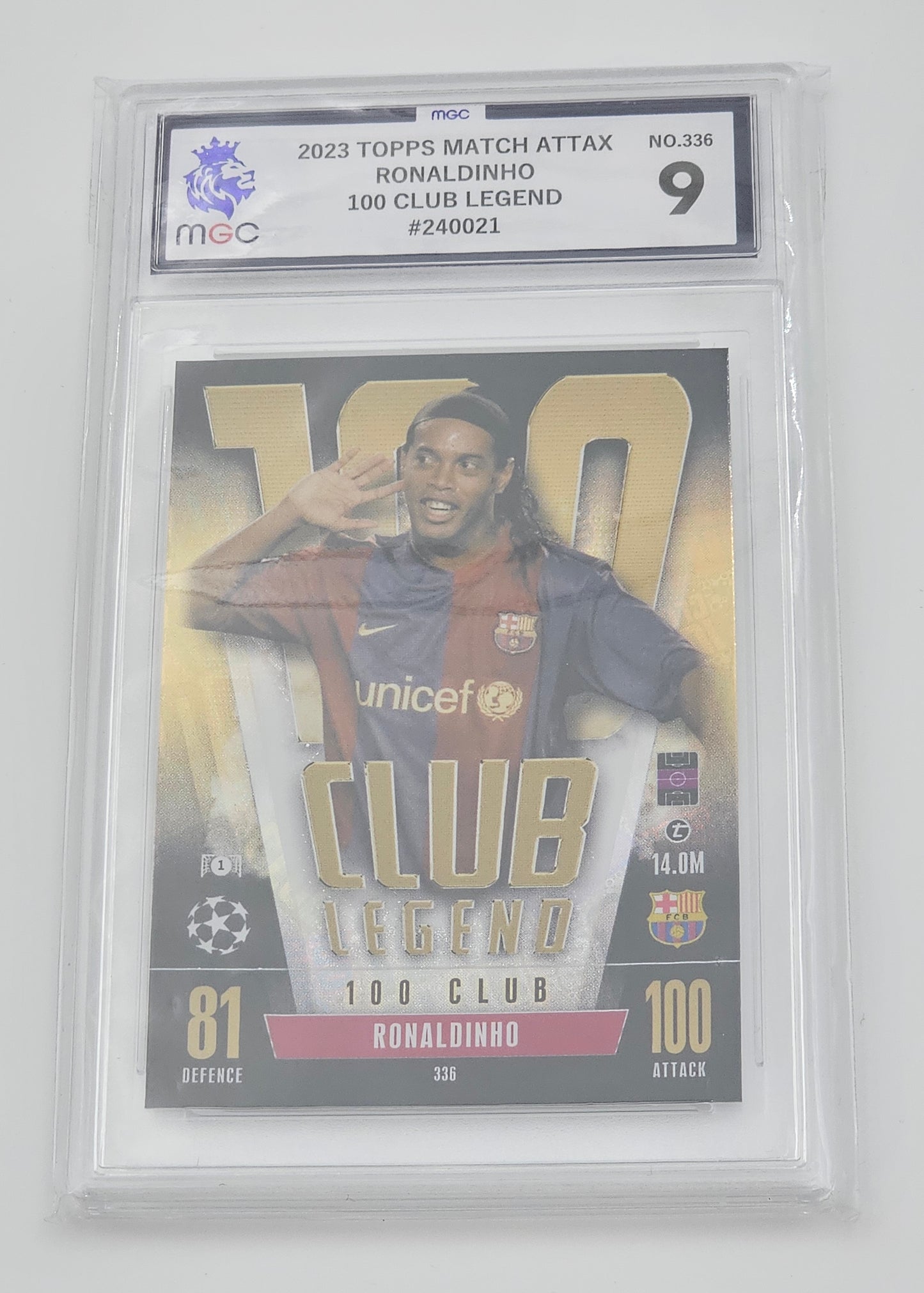 Ronaldinho, Match Attax Extra 2023/2024, 100 Club Legend Trading Card #336, Topps, Barcelona, MGC Graded 9