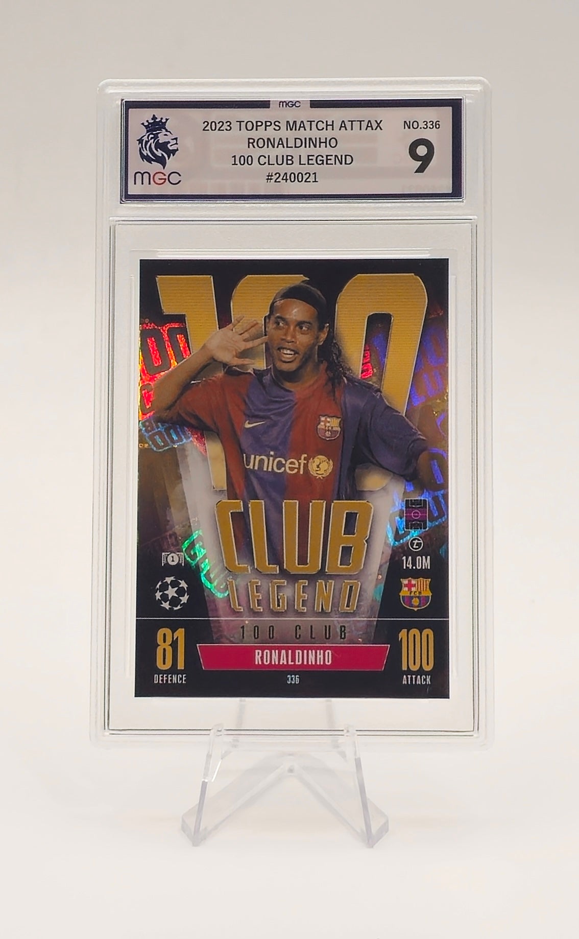 Ronaldinho, Match Attax Extra 2023/2024, 100 Club Legend Trading Card #336, Topps, Barcelona, MGC Graded 9