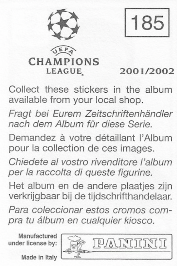 Ryan Giggs Panini Sticker 185 - Uefa Champions League 2001/2002 (Manchester United) Back of sticker