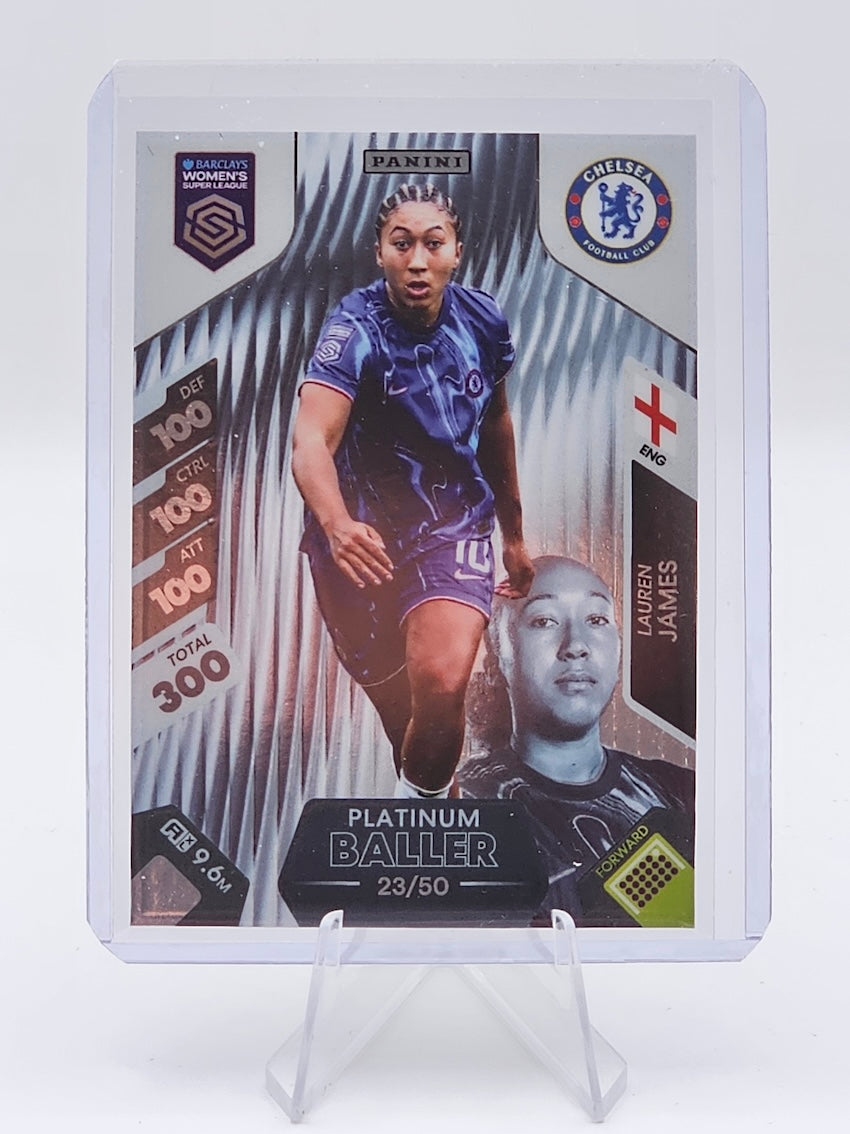 Lauren James Platinum Baller Numbered Card 23/50 - 2025 Women's Super League Adrenalyn XL By Panini - front in top loader
