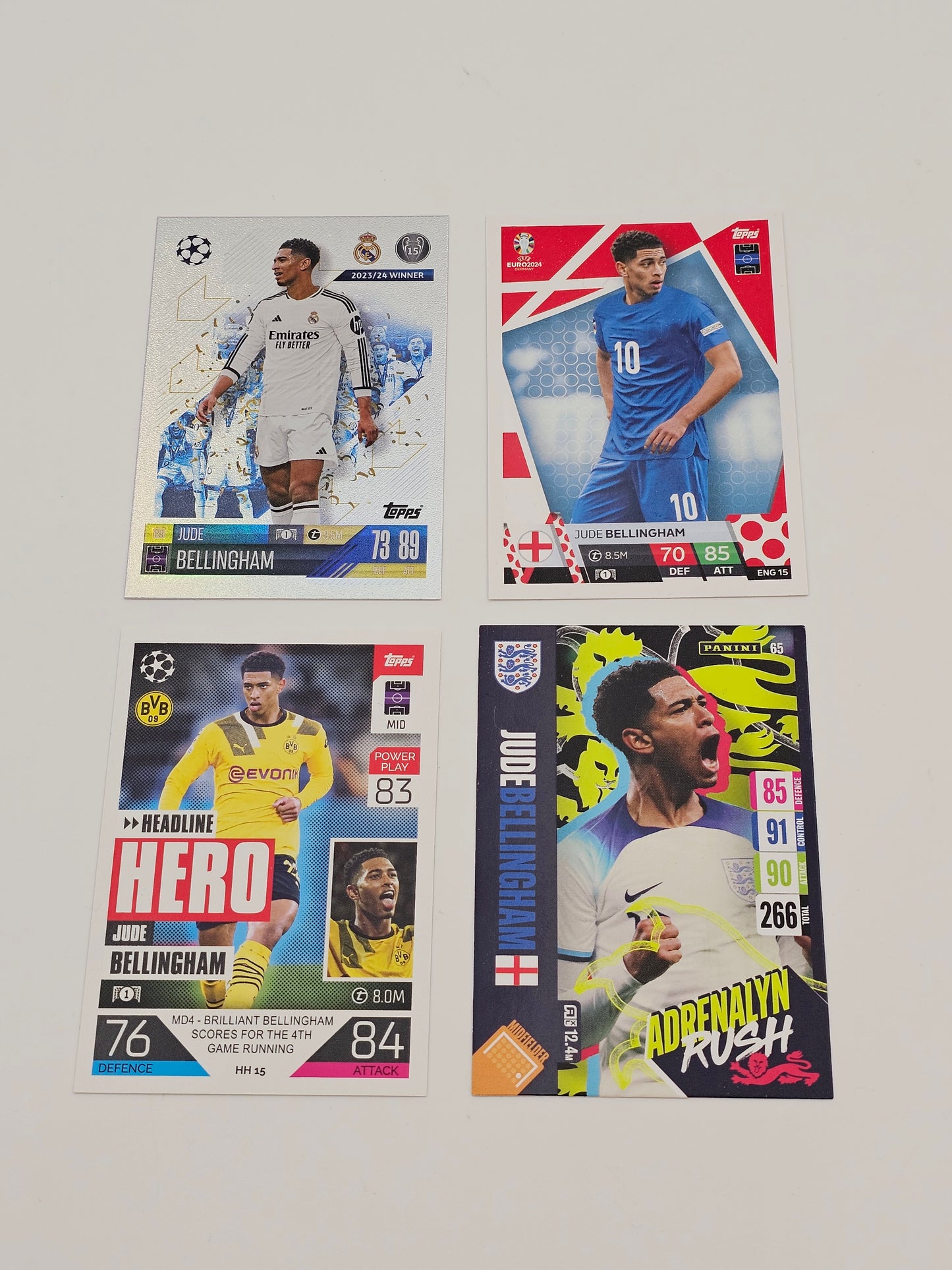 4 Different Jude Bellingham Football Cards, Topps Match Attax & Panini Adrenalyn XL - England, Real Madrid, Dortmund