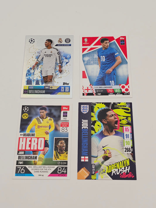 4 Different Jude Bellingham Football Cards, Topps Match Attax & Panini Adrenalyn XL - England, Real Madrid, Dortmund