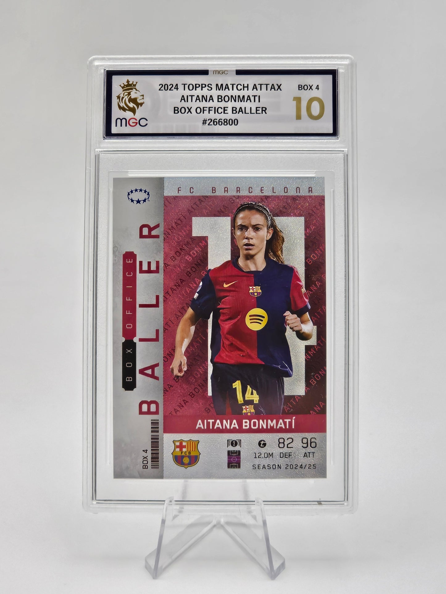 Framed sports trading card of a player in a red and blue jersey on a white background