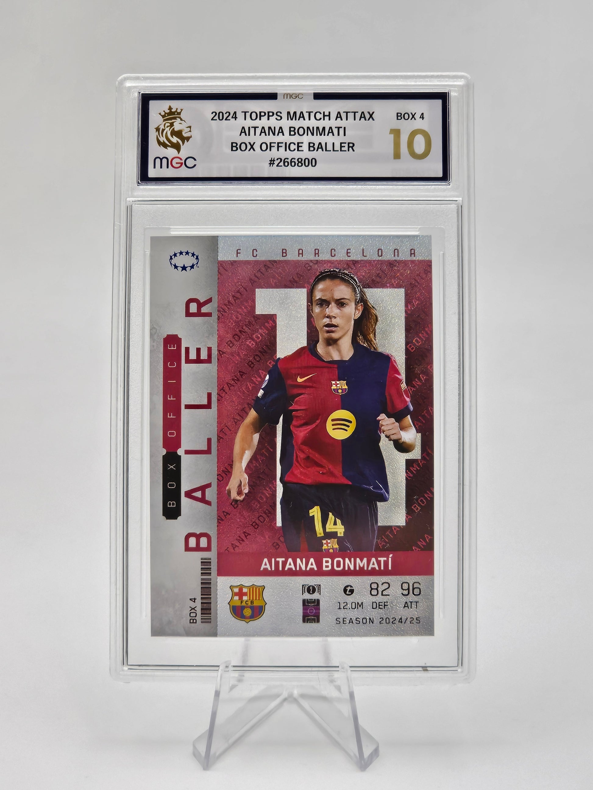 Framed sports trading card of a player in a red and blue jersey on a white background