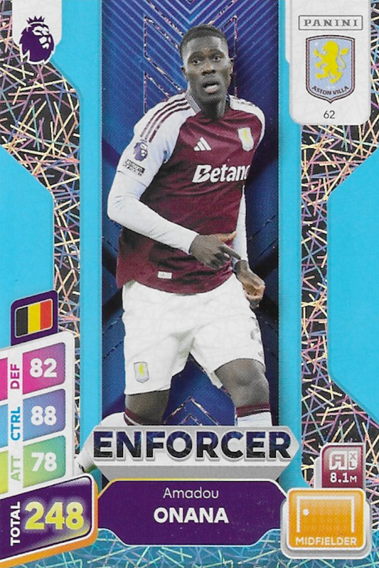 Amadou Onana Enforcer Blue Parallel Card #62 - Panini Adrenalyn XL PLUS 2025 Premier League (Aston Villa)