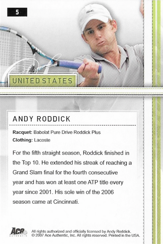 Andy Roddick 2007 Ace Authentic Straight Sets Tennis Trading Card  Number 5