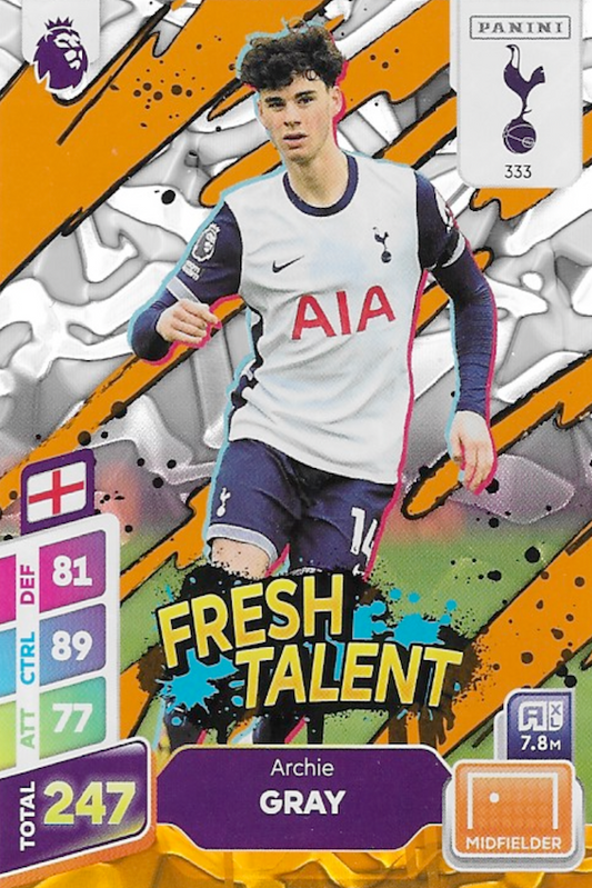 Archie Gray Fresh Talent Orange Parallel Card #333 - Panini Adrenalyn XL 2025 PLUS Premier League (Tottenham Hotspur/Spurs)