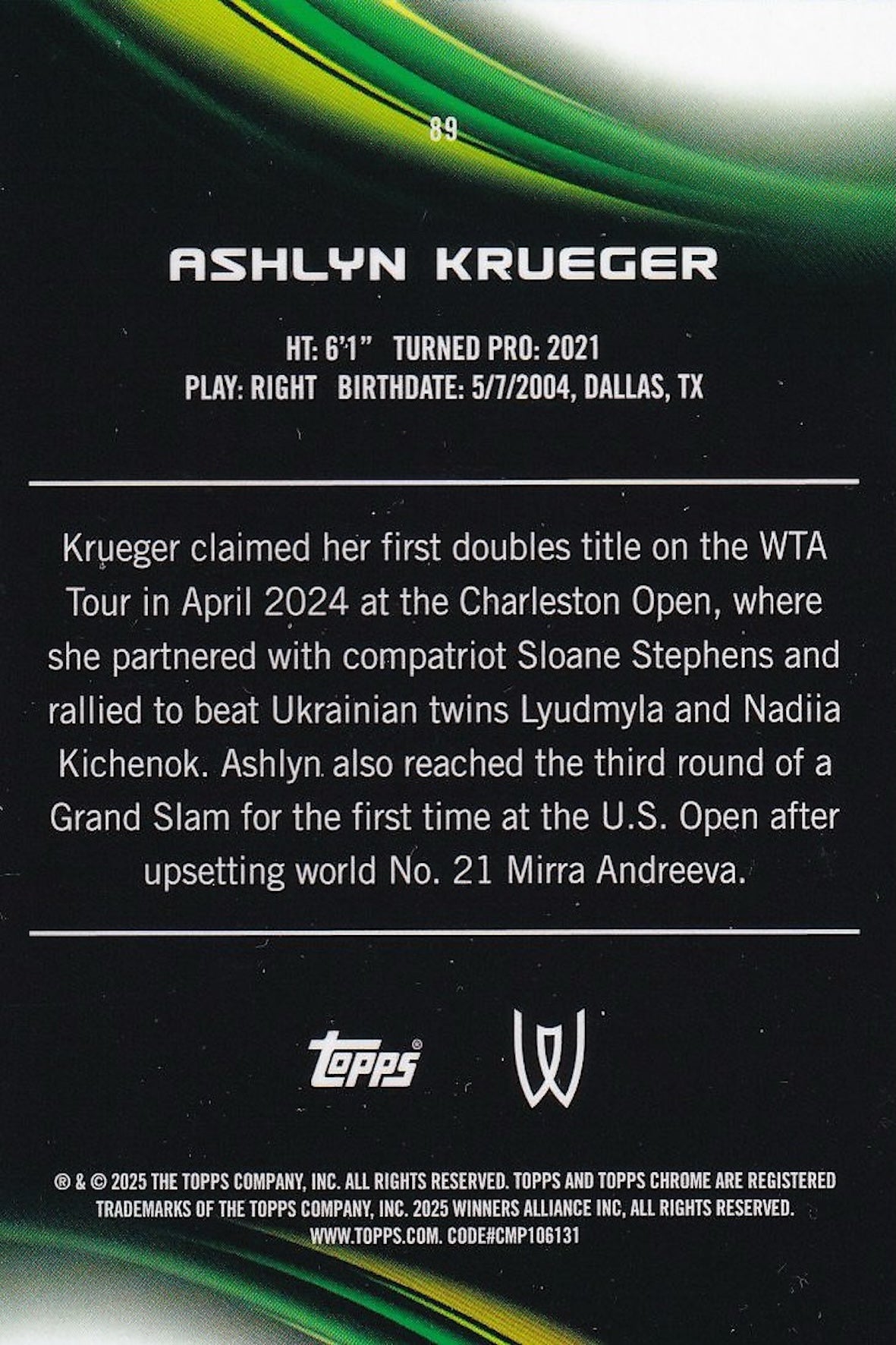 Ashlyn Krueger 011/150 Blue Card - 2025 Topps Chrome Tennis