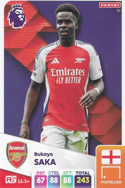 Bukayo Saka Base Card #36 - Adrenalyn XL 2025 Panini Premier League (Arsenal)