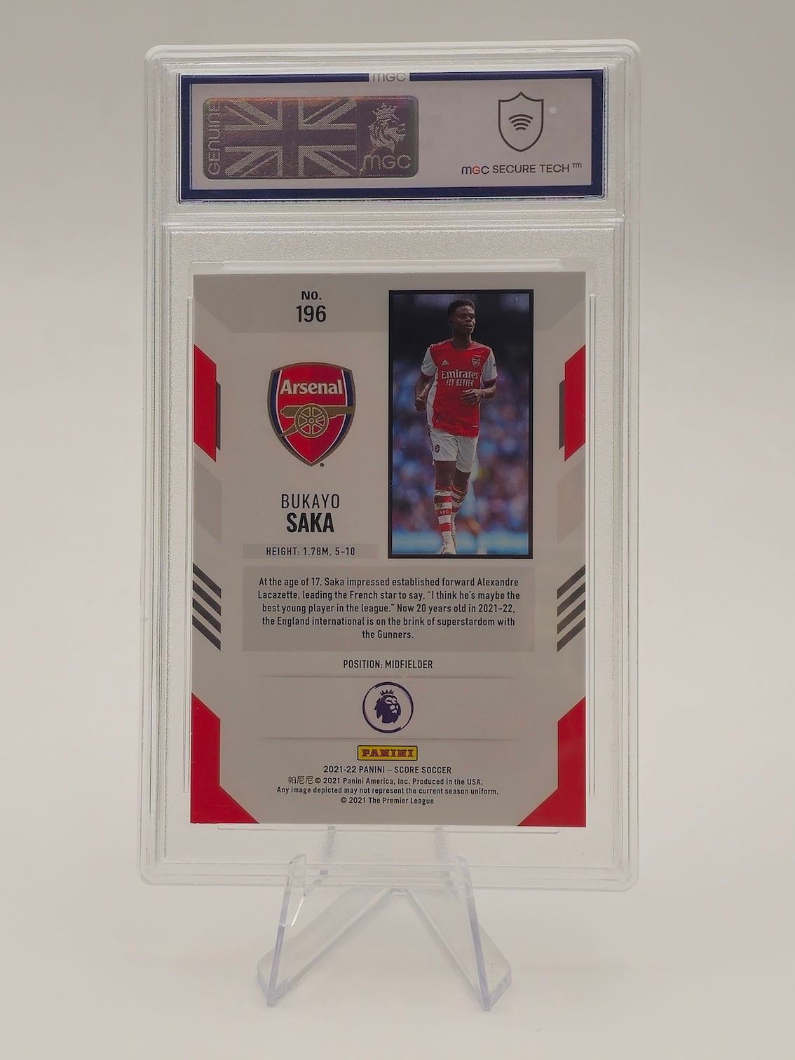 Bukayo Saka #196 Card, 2021/22 Panini Score Premier League, Graded 9 by MGC, Arsenal