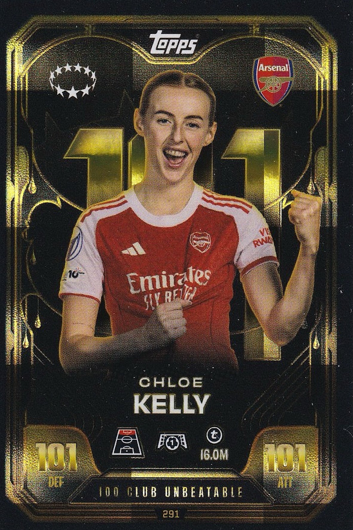 Chloe Kelly 100 Club Unbeatable 101/101 Card #291, UWCL - Topps Match Attax Extra 25/26 (2025/2026) Arsenal