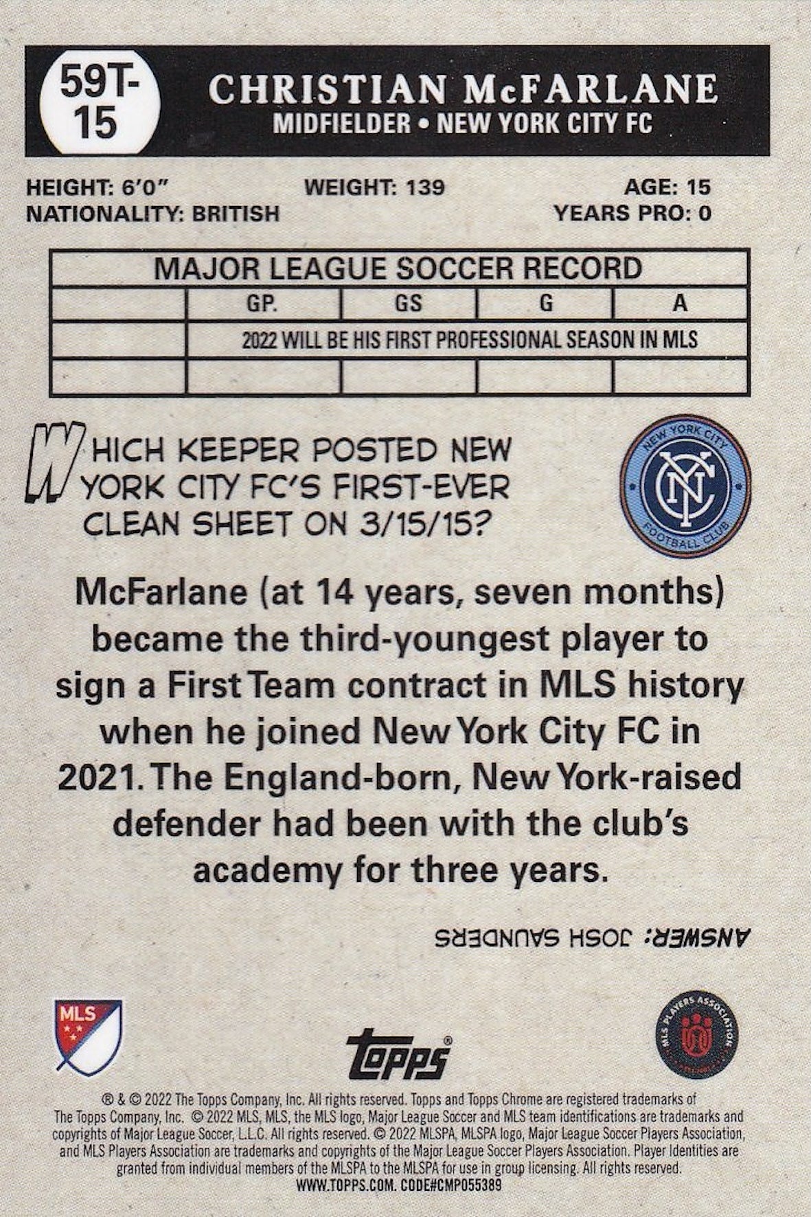 Christian McFarlane #59T-15 (RC) 2022 Topps Chrome MLS - 1959 Topps Football - back/rear of card