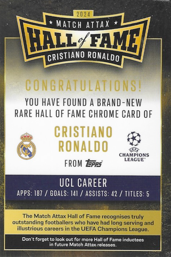 Cristiano Ronaldo Hall of Fame Card No #HOF2 - Topps MATCH ATTAX 2024/2025 (Rear of card)