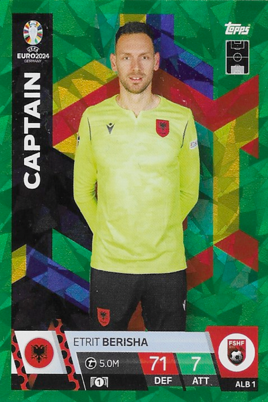 Etrit Berisha Captain Crystal Parallel Green UEFA Card - Match Attax Euro 2024 (ALB1)