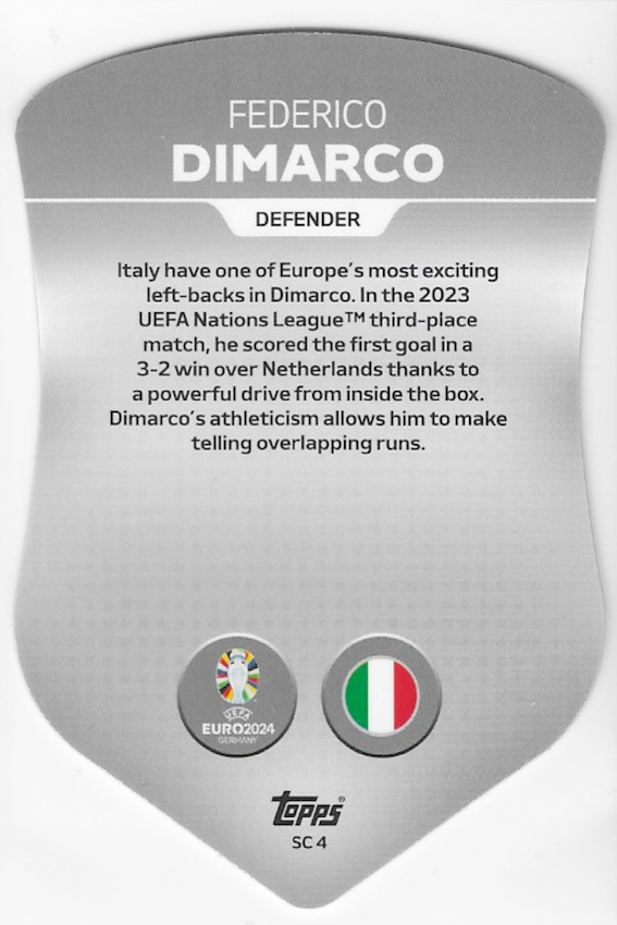 Federico Dimarco SC4 Chrome Shield Card - Topps Match Attax Euro 2024 (Back of card)