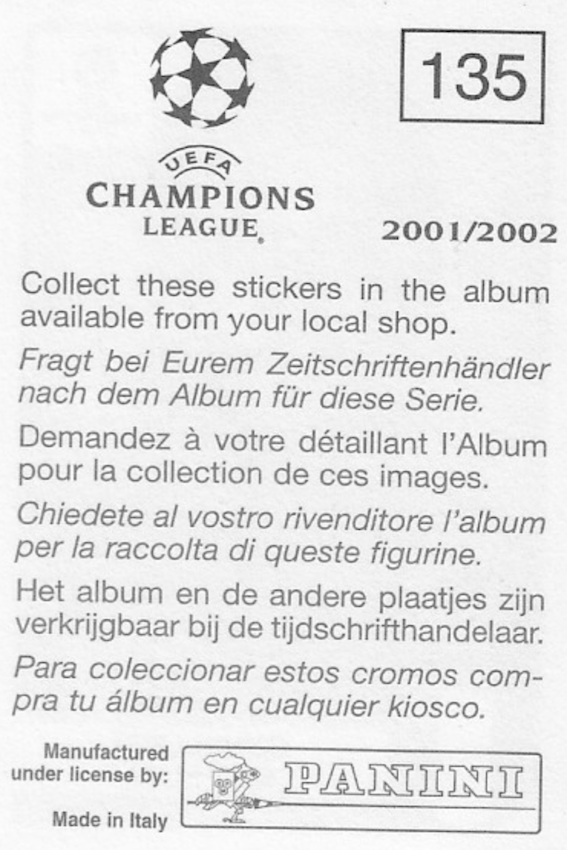 Gianluigi Buffon Panini Sticker Number 135 - Uefa Champions League 2001/2002 - Back of sticker