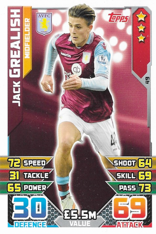 Jack Grealish Rookie Card #49 - Topps Match Attax 2015/2016 (15/16) Premier League (Aston Villa)